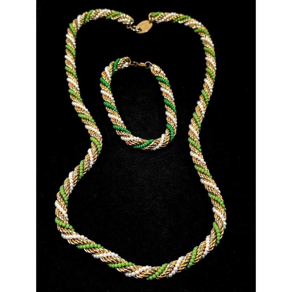 Vintage Bozart Italy Green White Bed Gold Tone Twist Necklace Bracelet Set‎